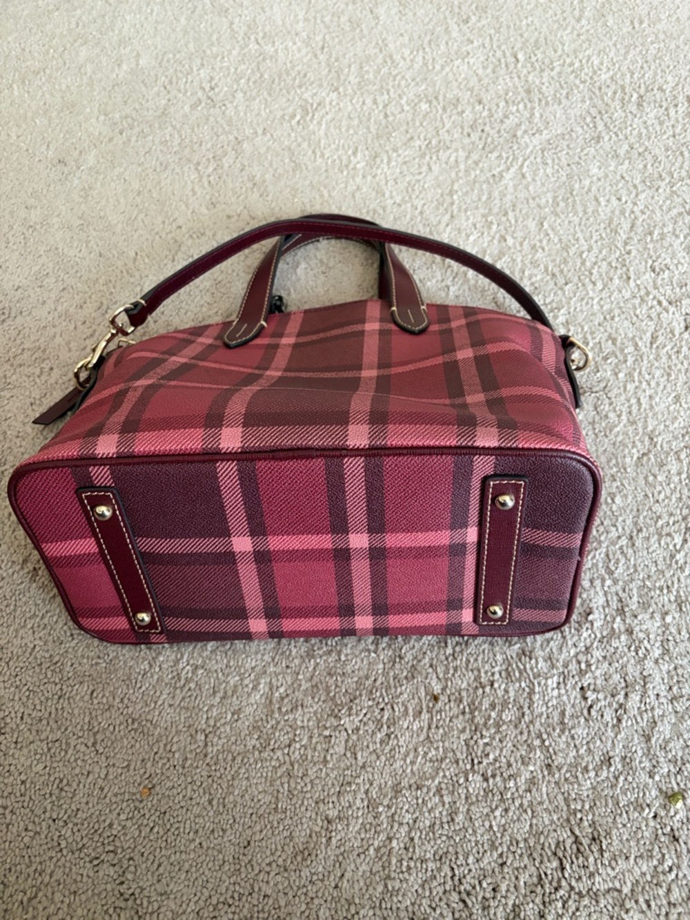 Dooney & Bourke Pink Plaid Satchel with Burgundy Trim - Picture 4 of 7